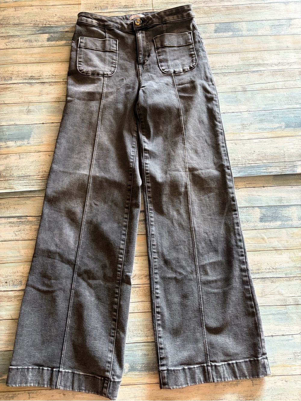 LC Lauren Conrad Super High-Waist Wide Leg Trouser Jeans Washed Black Denim - Picture 2 of 7